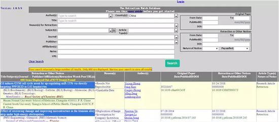 数据库只要输入相应的内容即可找到对应撤稿文件。（图中以搜索“中国”为例）。图片来源：retractiondatabase.org