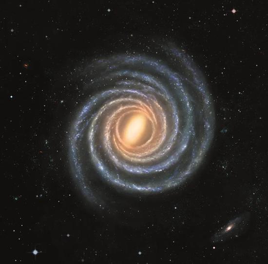 我们可能生活在一个四旋臂的旋涡星系（银河系）中，它具有一个明亮且对称的中心棒。| 图片来源：XING-WU ZHENG AND MARK REID Bar and Spiral Structure Legacy Survey/Nanjing University/  Center for Astrophysics， Harvard and Smithsonian （Milky Way chart and illustration）